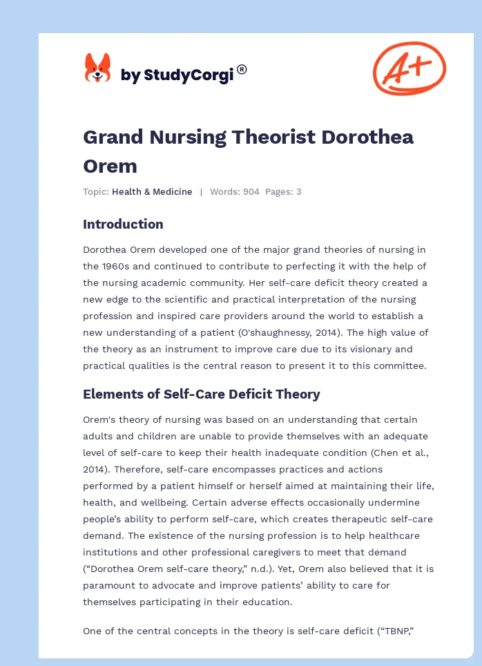 Grand Nursing Theorist Dorothea Orem. Page 1