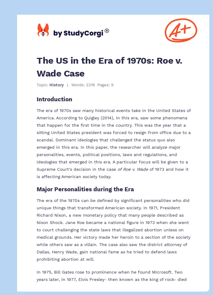 The US in the Era of 1970s: Roe v. Wade Case. Page 1