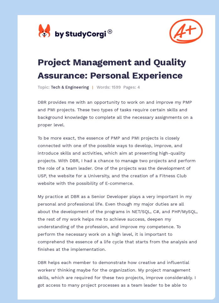 Project Management and Quality Assurance: Personal Experience. Page 1