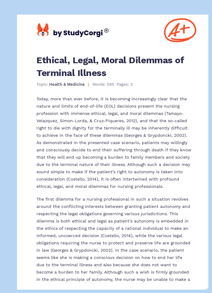 Ethical, Legal, Moral Dilemmas of Terminal Illness. Page 1