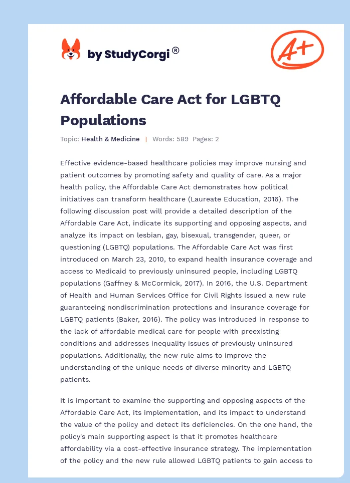 Affordable Care Act for LGBTQ Populations. Page 1