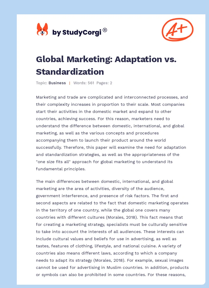 Global Marketing: Adaptation vs. Standardization. Page 1