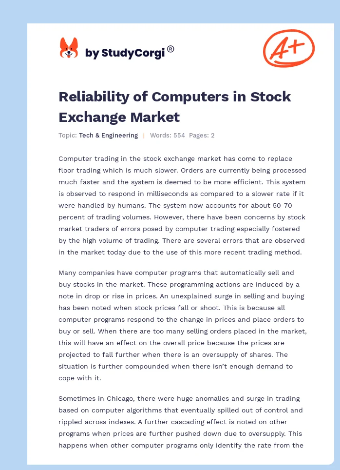 Reliability of Computers in Stock Exchange Market. Page 1