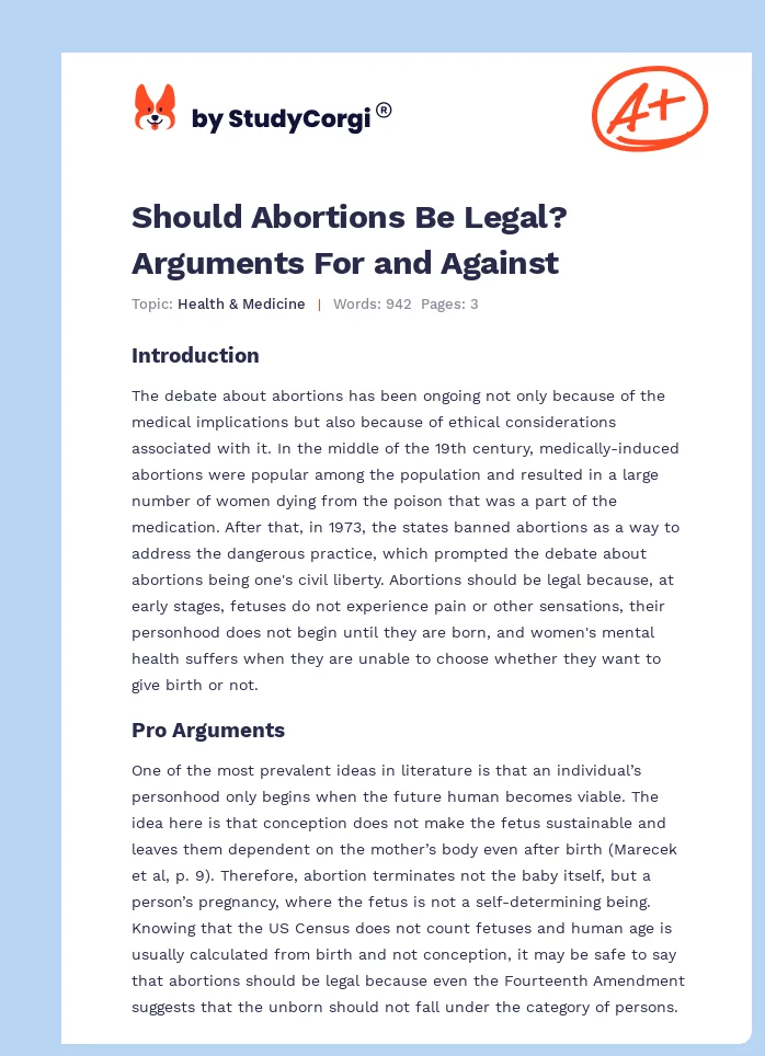 Should Abortions Be Legal? Arguments For and Against. Page 1