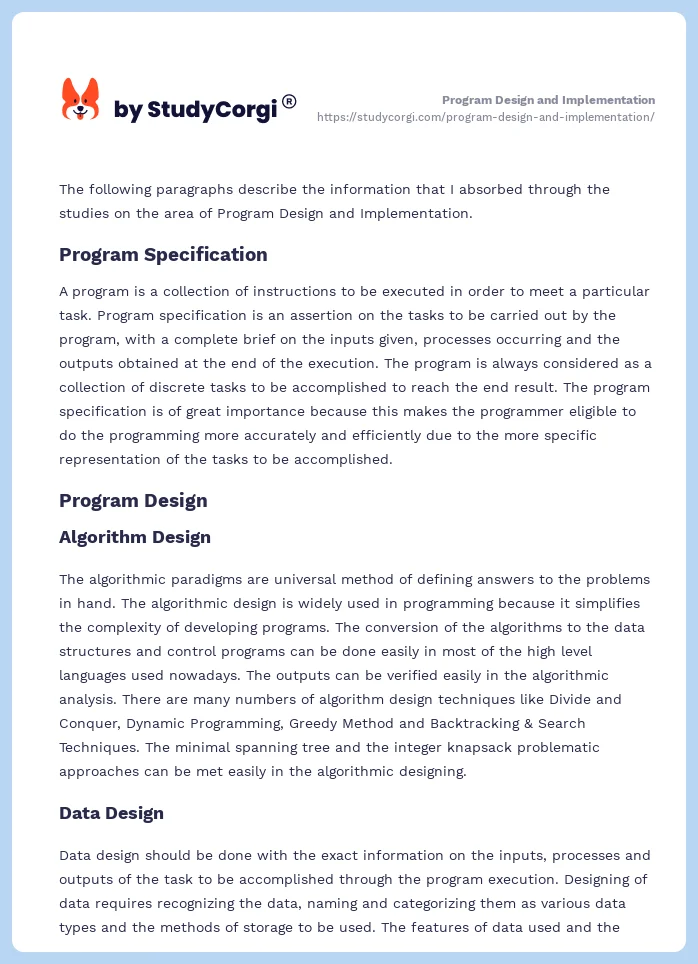 Program Design and Implementation. Page 2