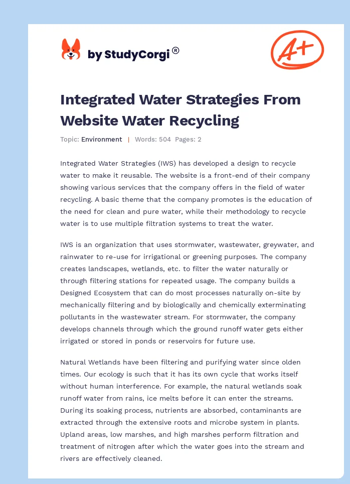 Integrated Water Strategies From Website Water Recycling. Page 1