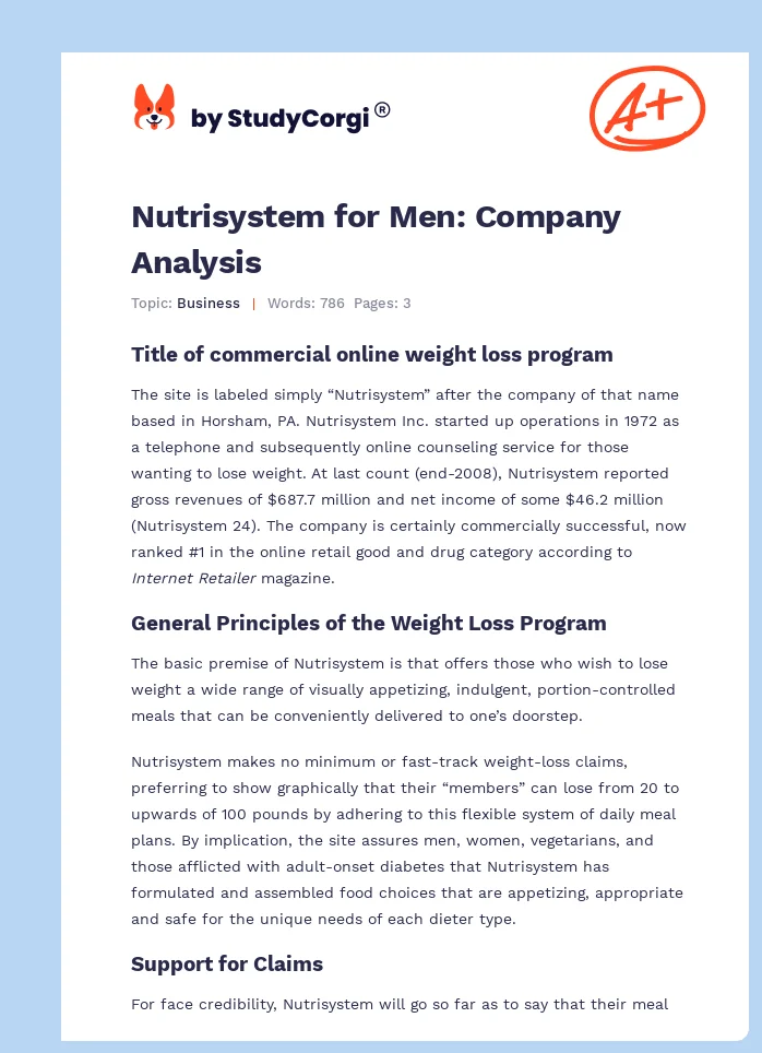 Nutrisystem for Men: Company Analysis. Page 1