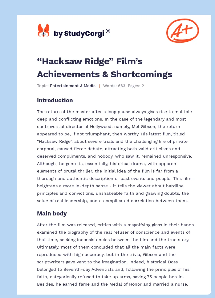 “Hacksaw Ridge” Film’s Achievements & Shortcomings. Page 1