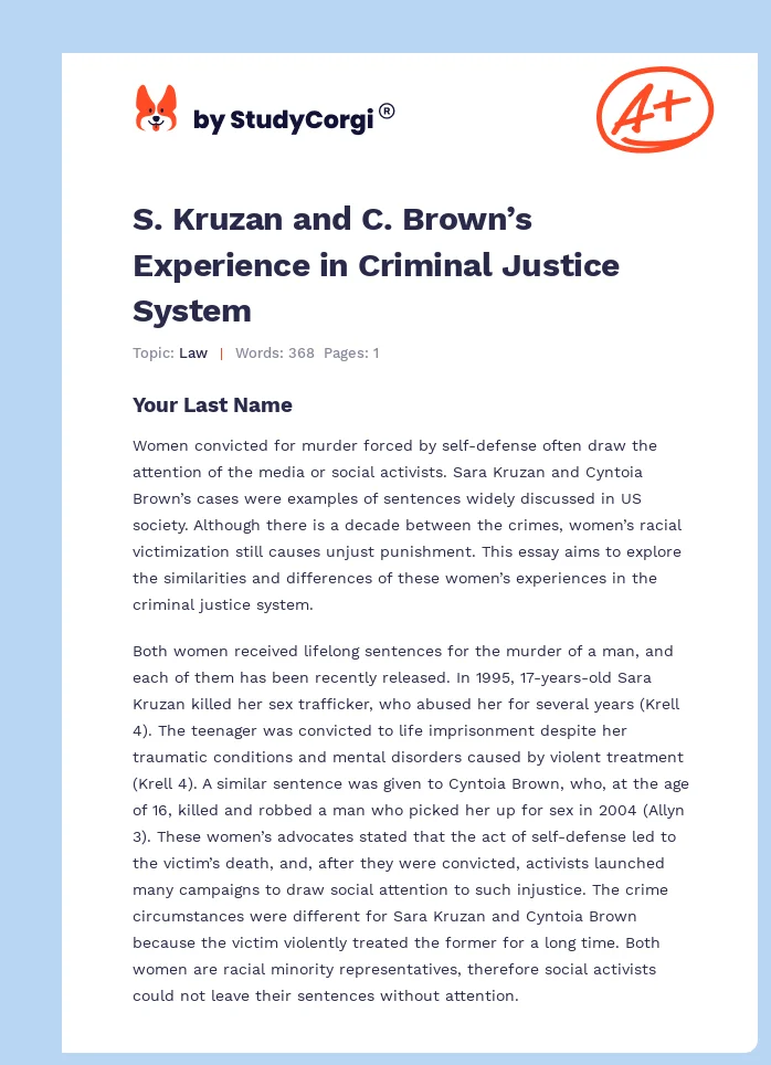 S. Kruzan and C. Brown’s Experience in Criminal Justice System. Page 1