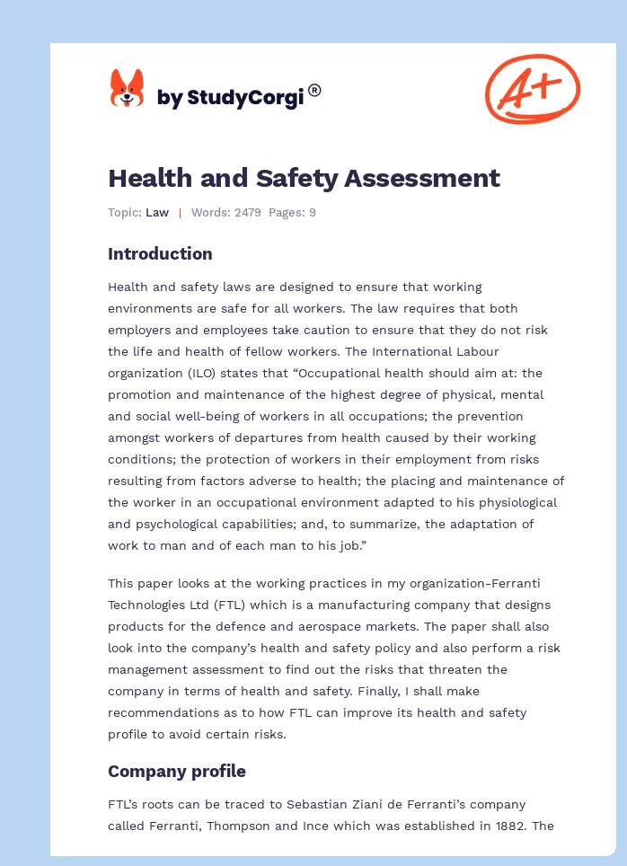 Health and Safety Assessment. Page 1