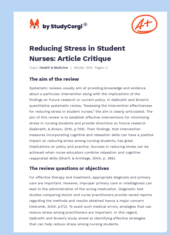 Reducing Stress in Student Nurses: Article Critique. Page 1