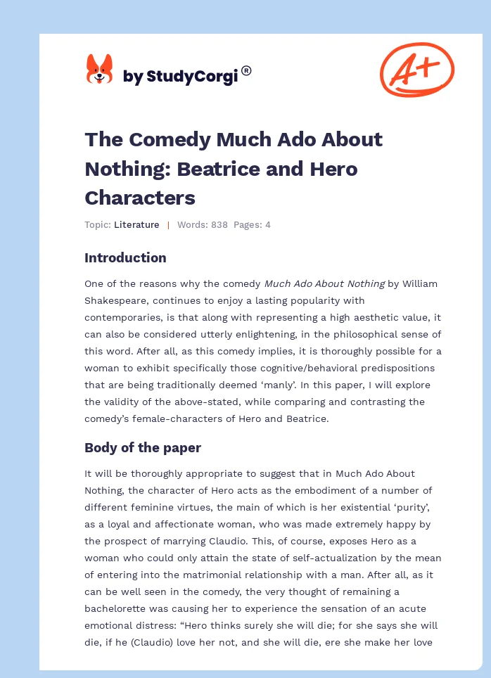 The Comedy Much Ado About Nothing: Beatrice and Hero Characters. Page 1