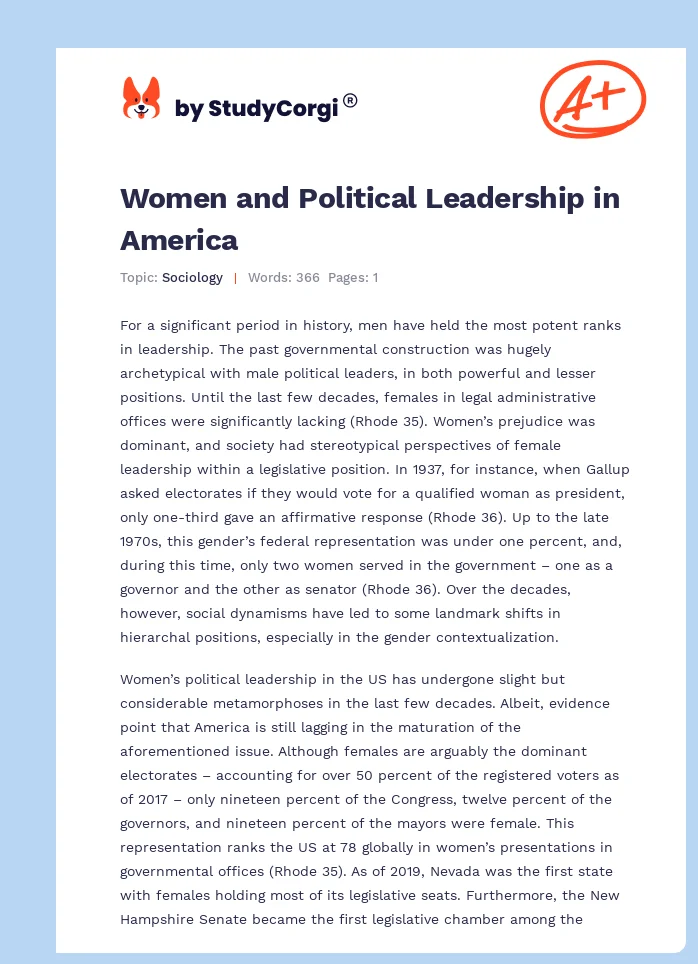 Women and Political Leadership in America. Page 1