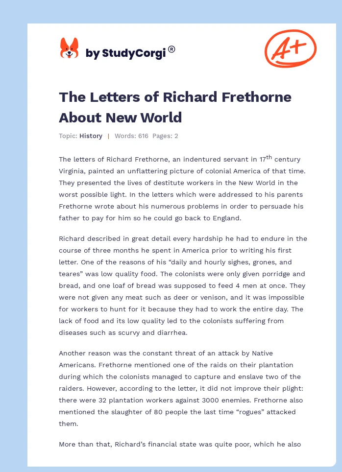The Letters of Richard Frethorne About New World. Page 1