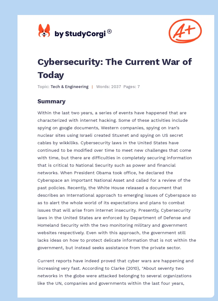 Cybersecurity: The Current War of Today. Page 1