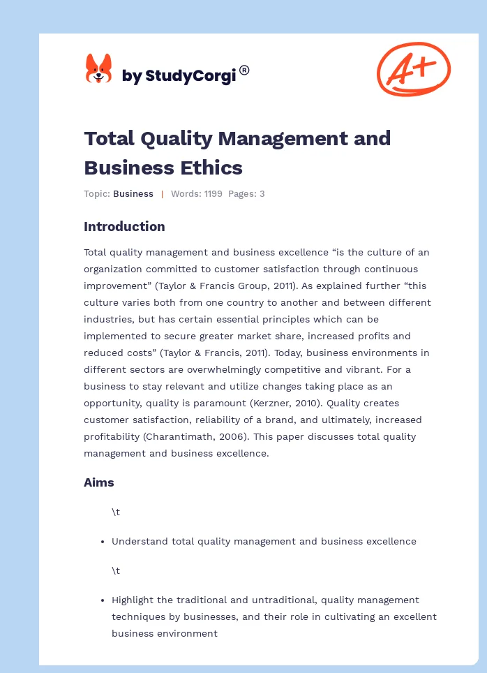 Total Quality Management and Business Ethics. Page 1