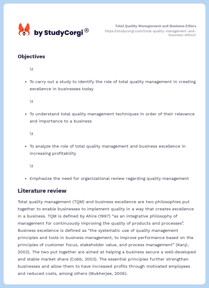 Total Quality Management and Business Ethics. Page 2