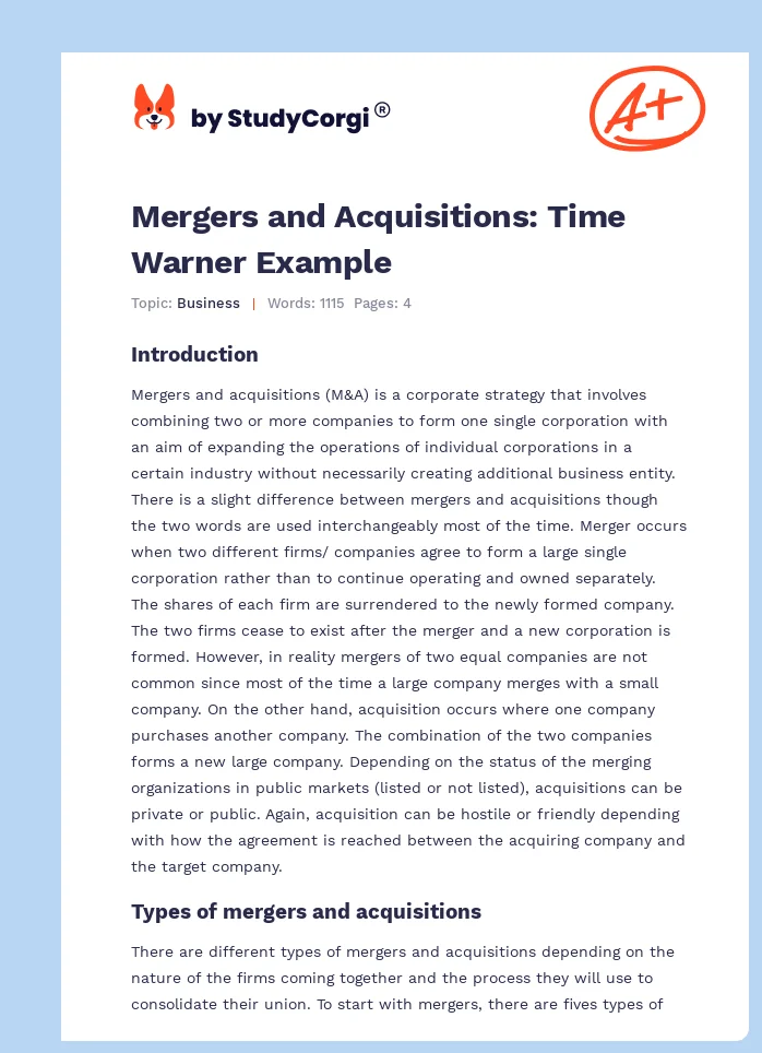 Mergers and Acquisitions: Time Warner Example. Page 1