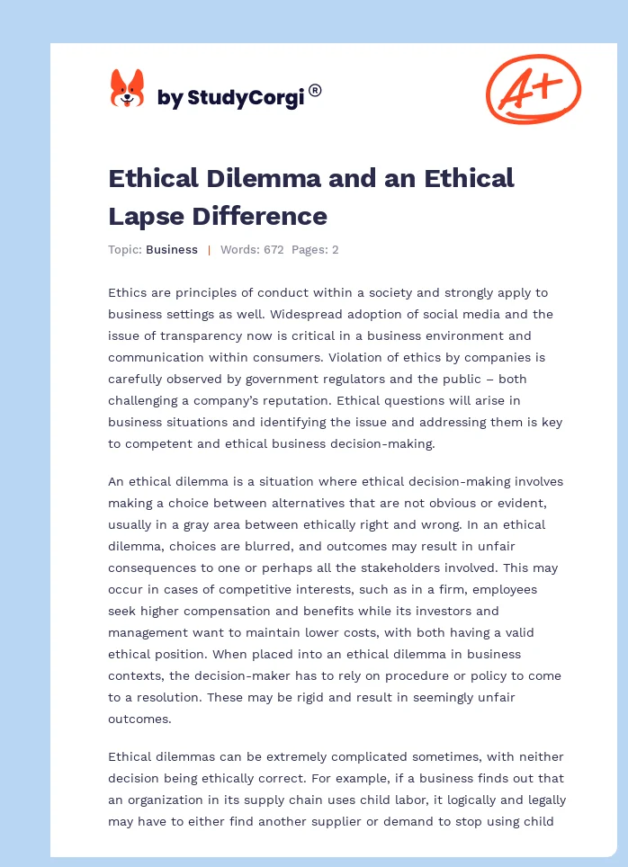 Ethical Dilemma and an Ethical Lapse Difference. Page 1