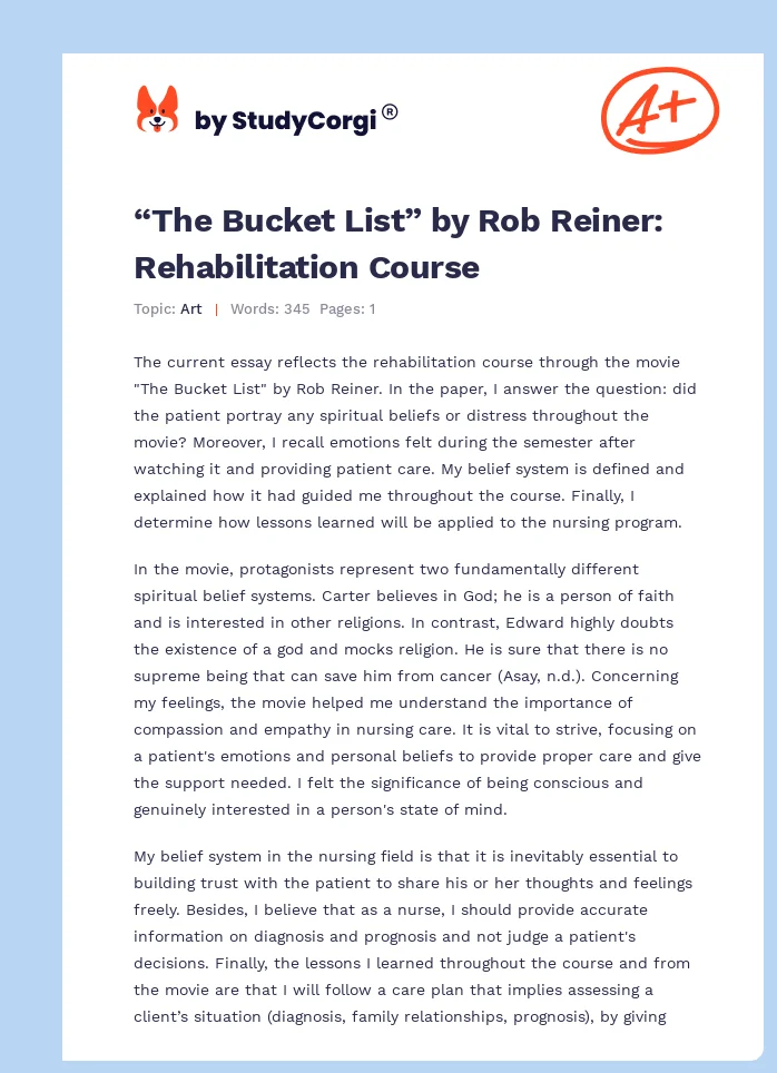 “The Bucket List” by Rob Reiner: Rehabilitation Course. Page 1