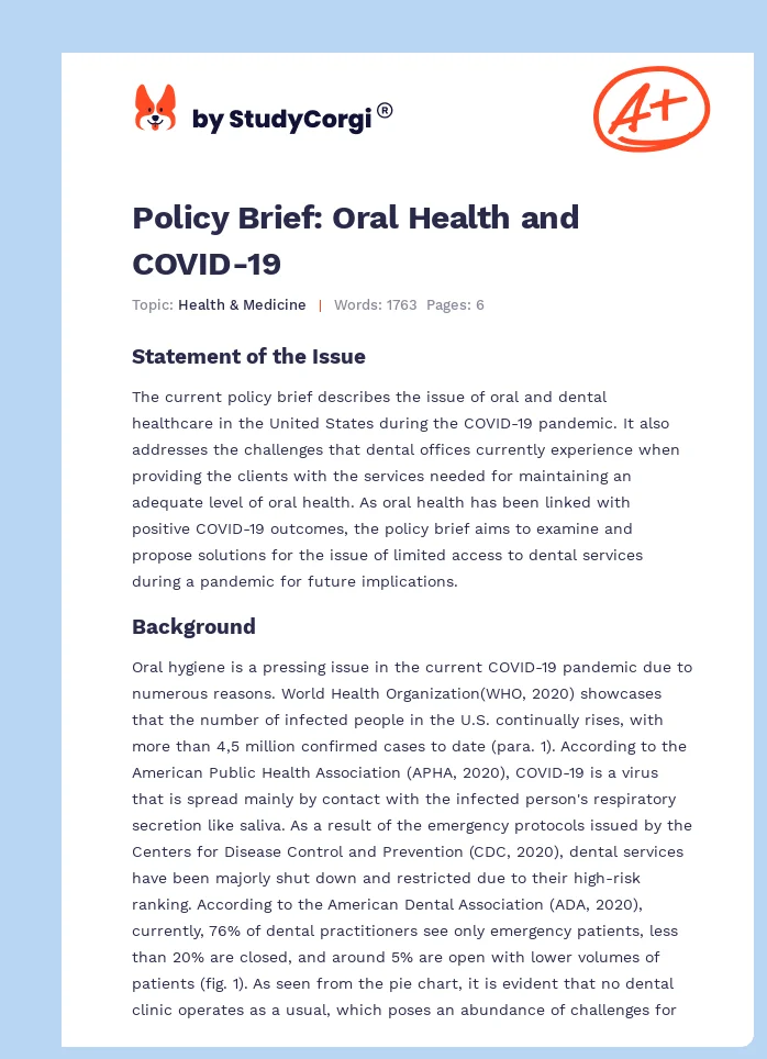 Policy Brief: Oral Health and COVID-19. Page 1