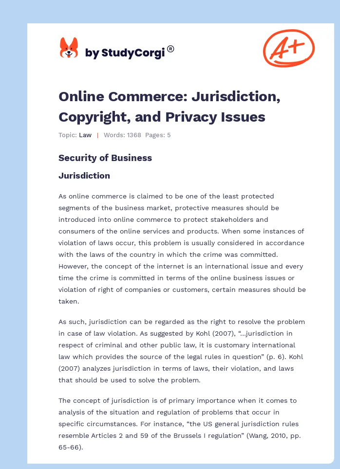 Online Commerce: Jurisdiction, Copyright, and Privacy Issues. Page 1