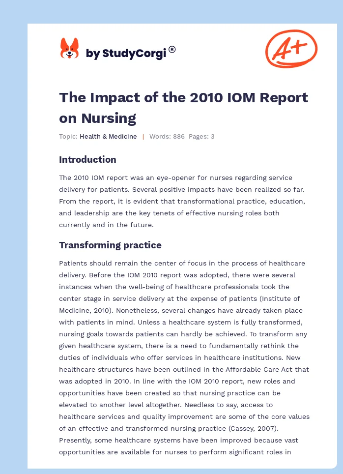 The Impact of the 2010 IOM Report on Nursing. Page 1
