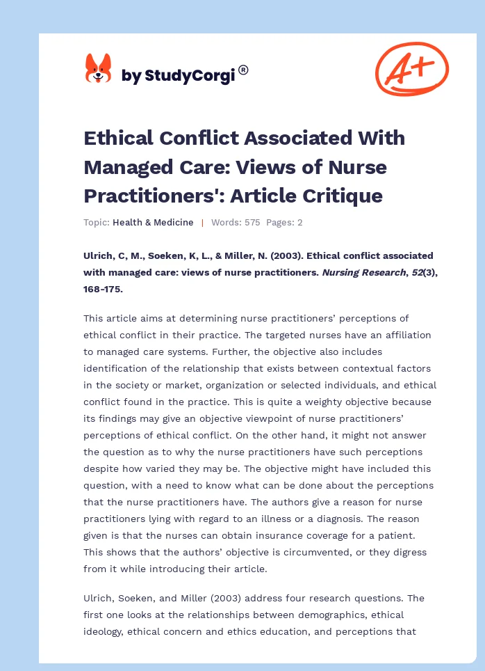 Ethical Conflict Associated With Managed Care: Views of Nurse Practitioners': Article Critique. Page 1