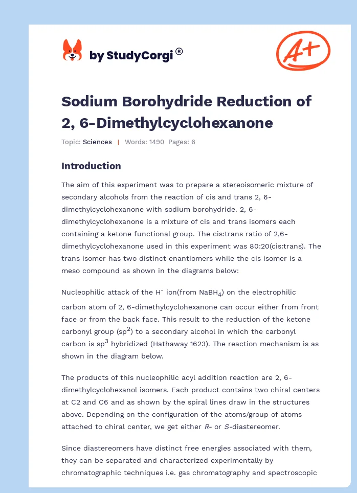 Sodium Borohydride Reduction of 2, 6-Dimethylcyclohexanone. Page 1