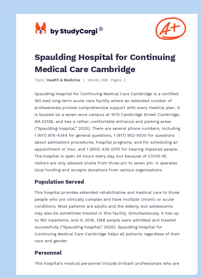 Spaulding Hospital for Continuing Medical Care Cambridge. Page 1