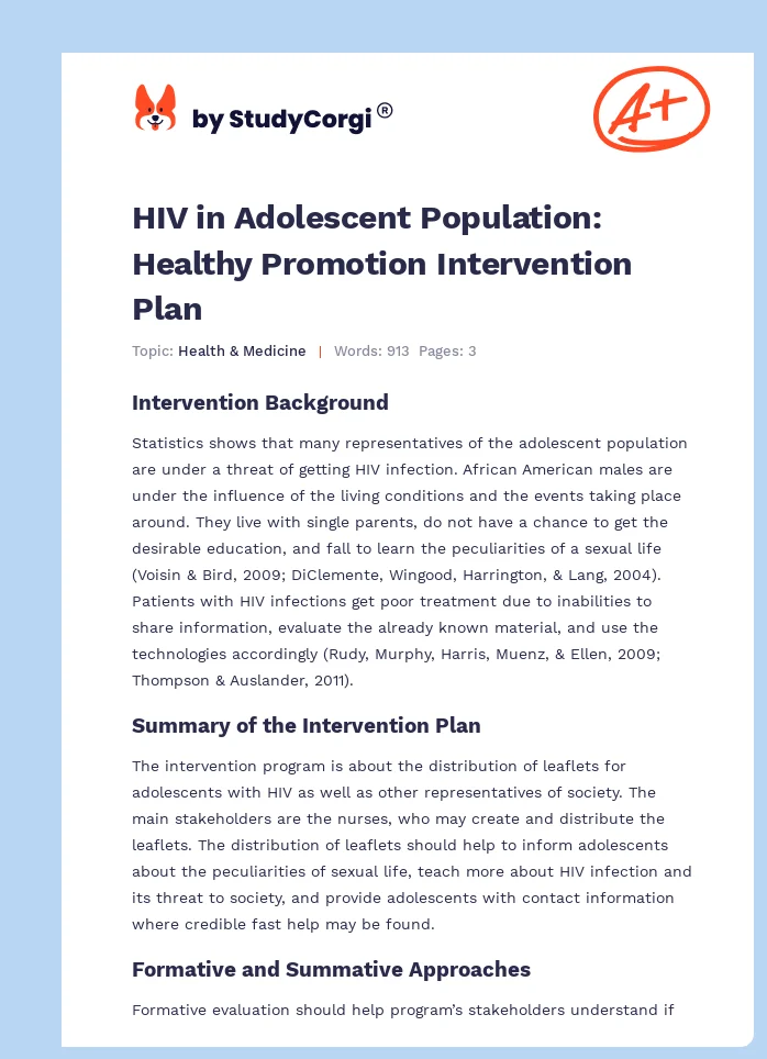 HIV in Adolescent Population: Healthy Promotion Intervention Plan. Page 1