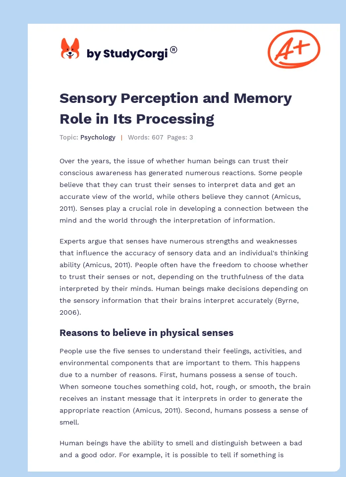 Sensory Perception and Memory Role in Its Processing. Page 1