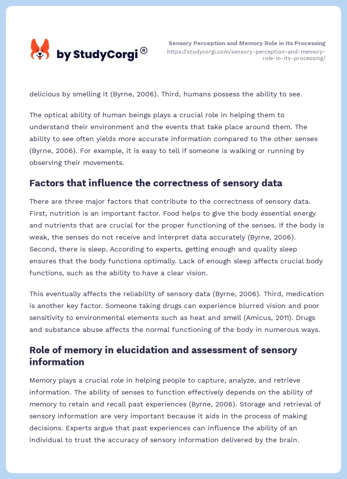 Sensory Perception and Memory Role in Its Processing. Page 2