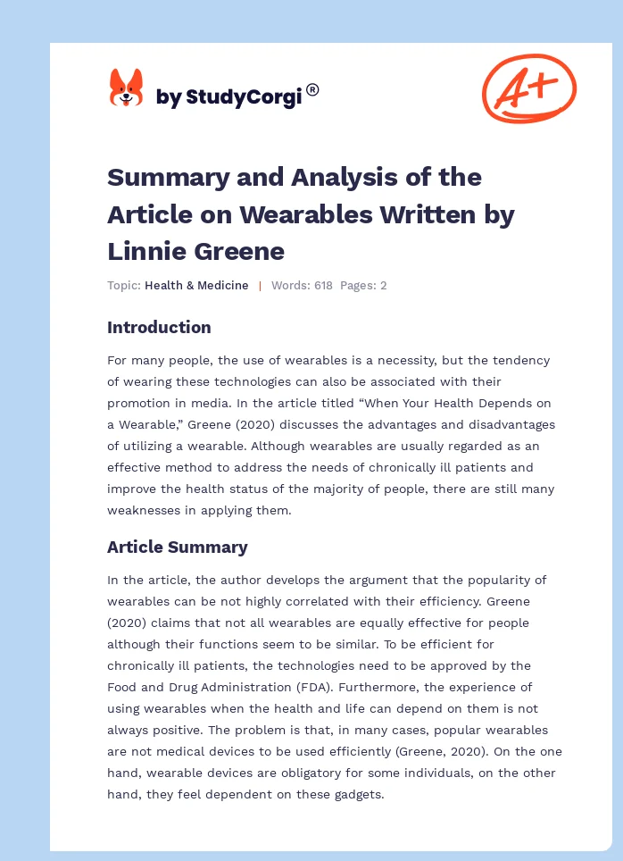 Summary and Analysis of the Article on Wearables Written by Linnie Greene. Page 1