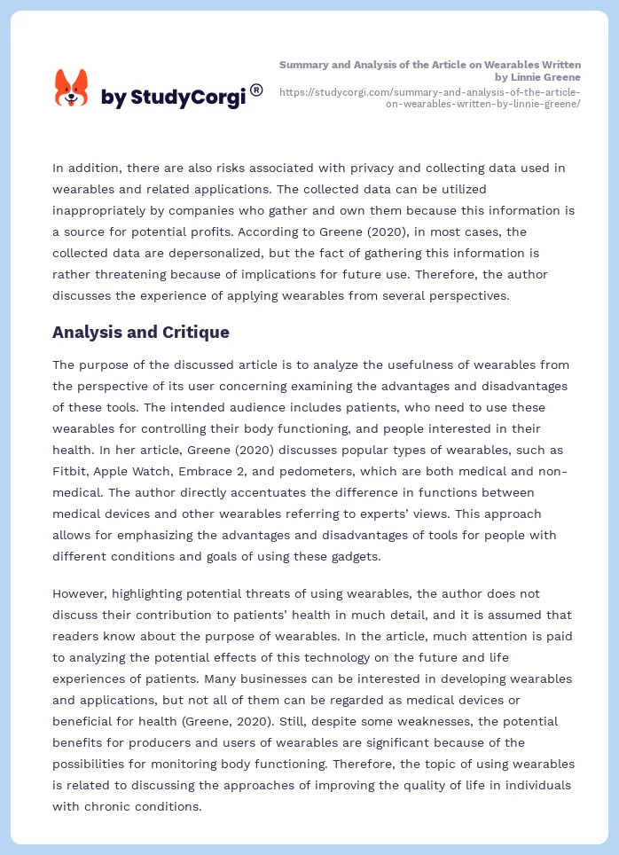 Summary and Analysis of the Article on Wearables Written by Linnie Greene. Page 2
