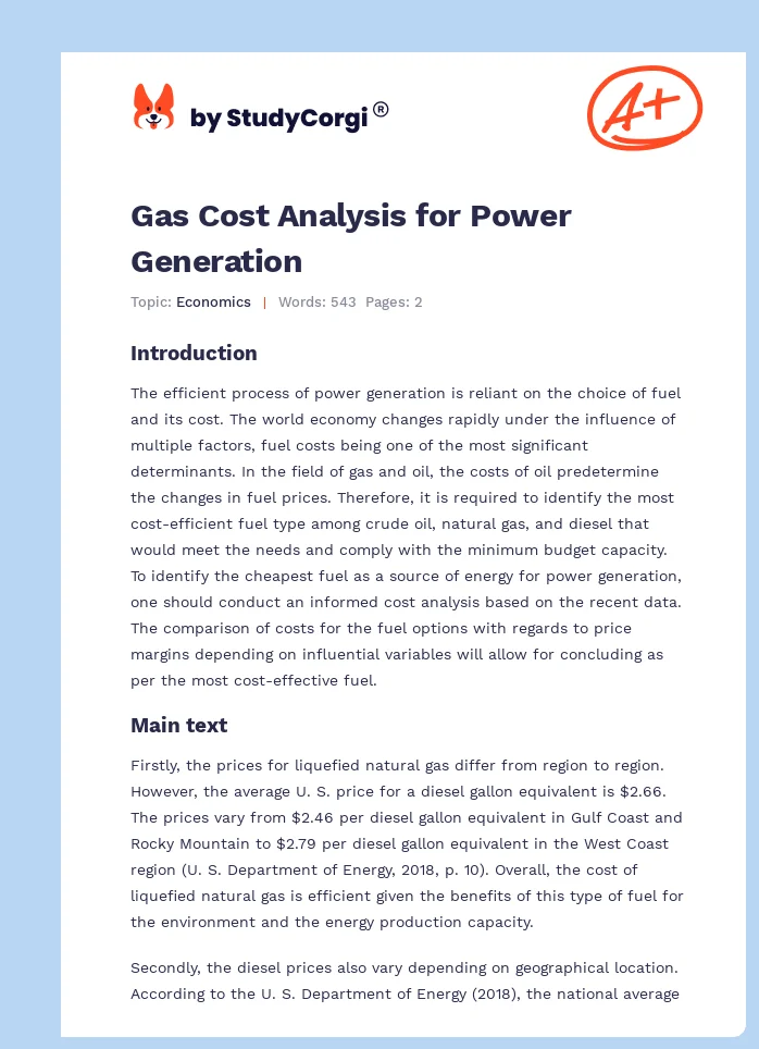 Gas Cost Analysis for Power Generation. Page 1