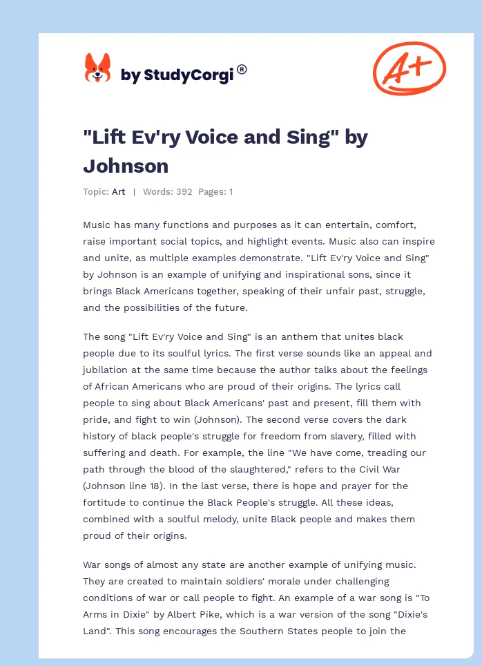 "Lift Ev'ry Voice and Sing" by Johnson. Page 1