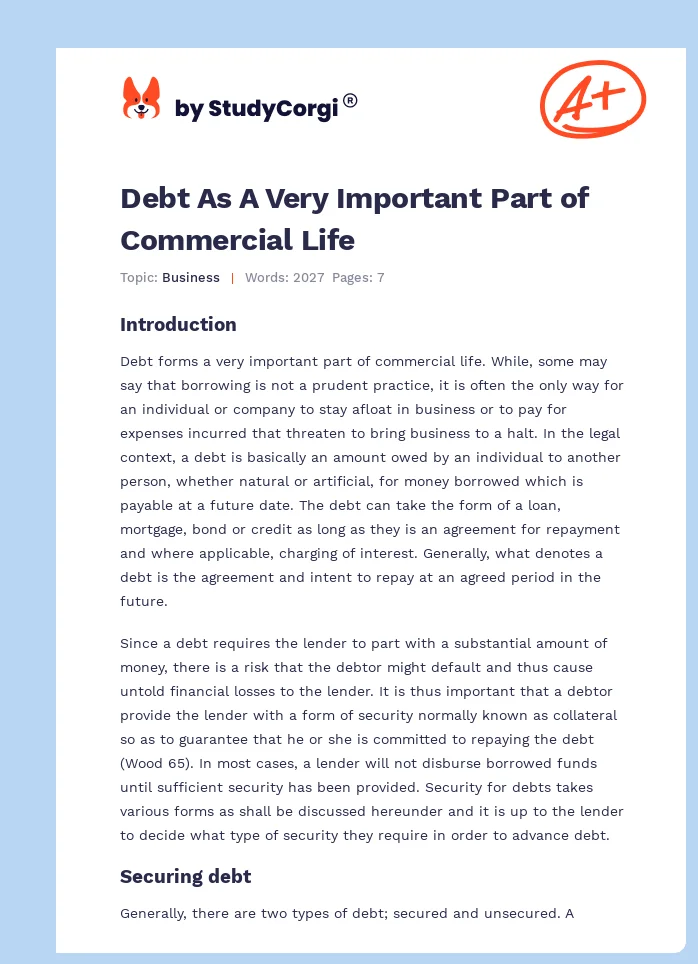 Debt As A Very Important Part of Commercial Life. Page 1