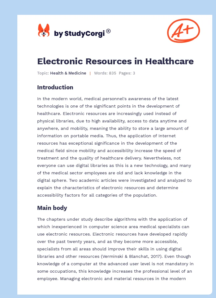 Electronic Resources in Healthcare. Page 1