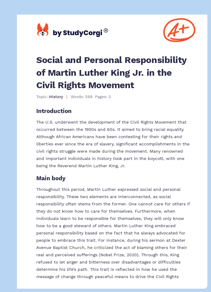 Social and Personal Responsibility of Martin Luther King Jr. in the Civil Rights Movement. Page 1