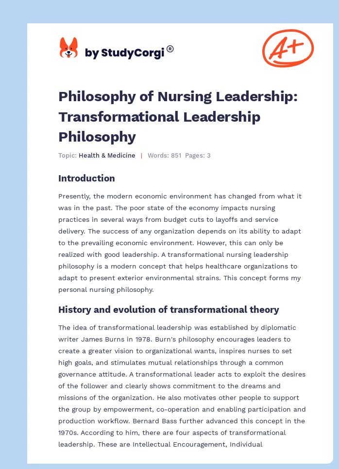Philosophy of Nursing Leadership: Transformational Leadership Philosophy. Page 1