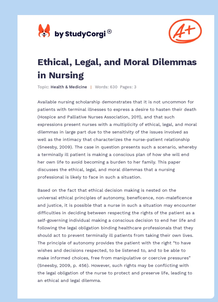 Ethical, Legal, and Moral Dilemmas in Nursing. Page 1