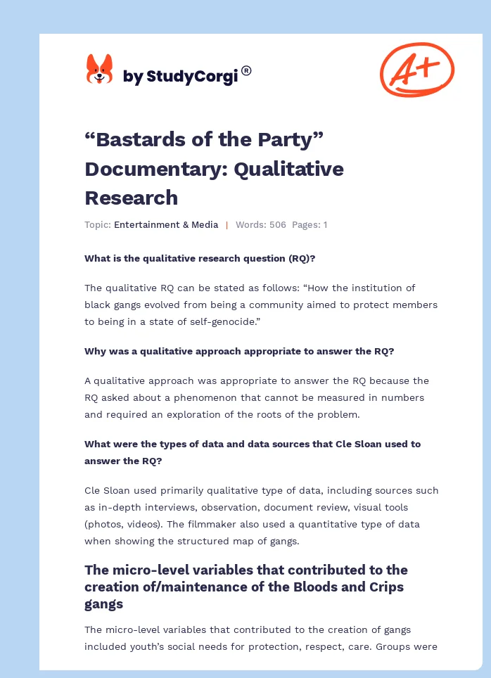 “Bastards of the Party” Documentary: Qualitative Research. Page 1