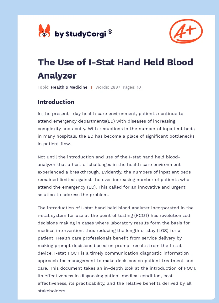 The Use of I-Stat Hand Held Blood Analyzer. Page 1