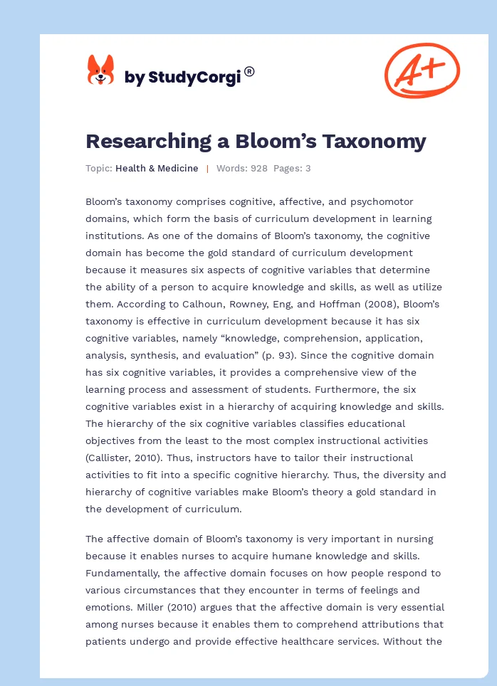 Researching a Bloom’s Taxonomy. Page 1