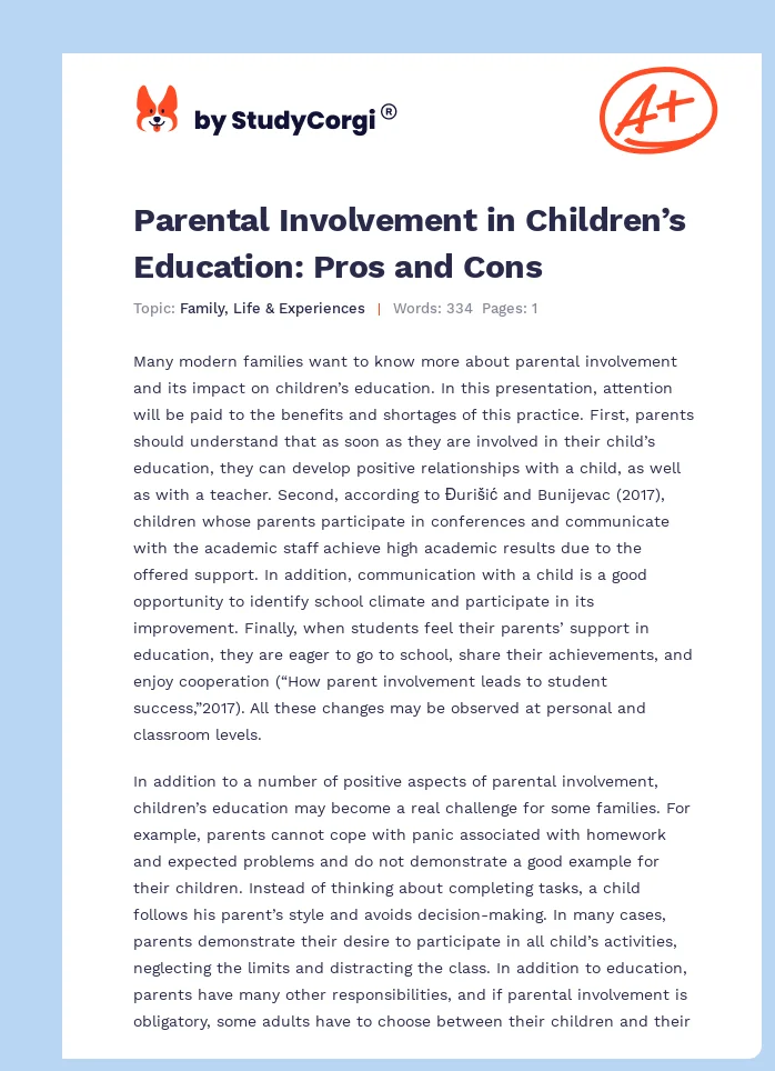 Parental Involvement in Children’s Education: Pros and Cons. Page 1