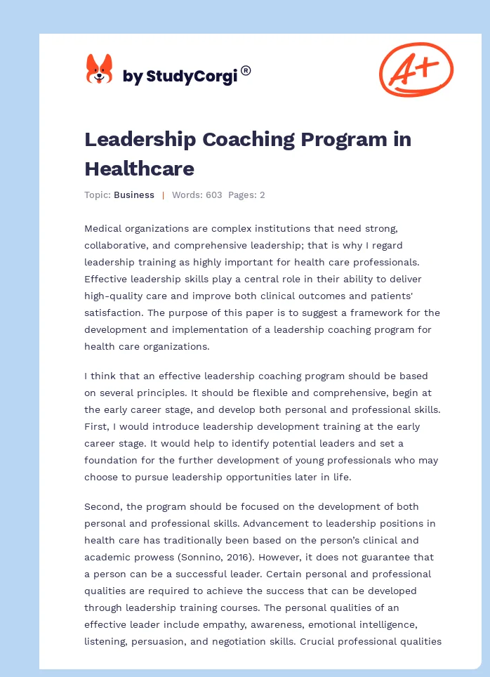 Leadership Coaching Program in Healthcare. Page 1