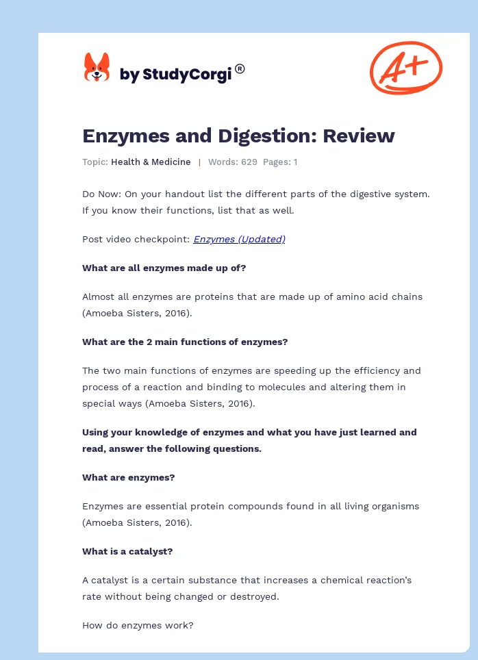 Enzymes and Digestion: Review. Page 1