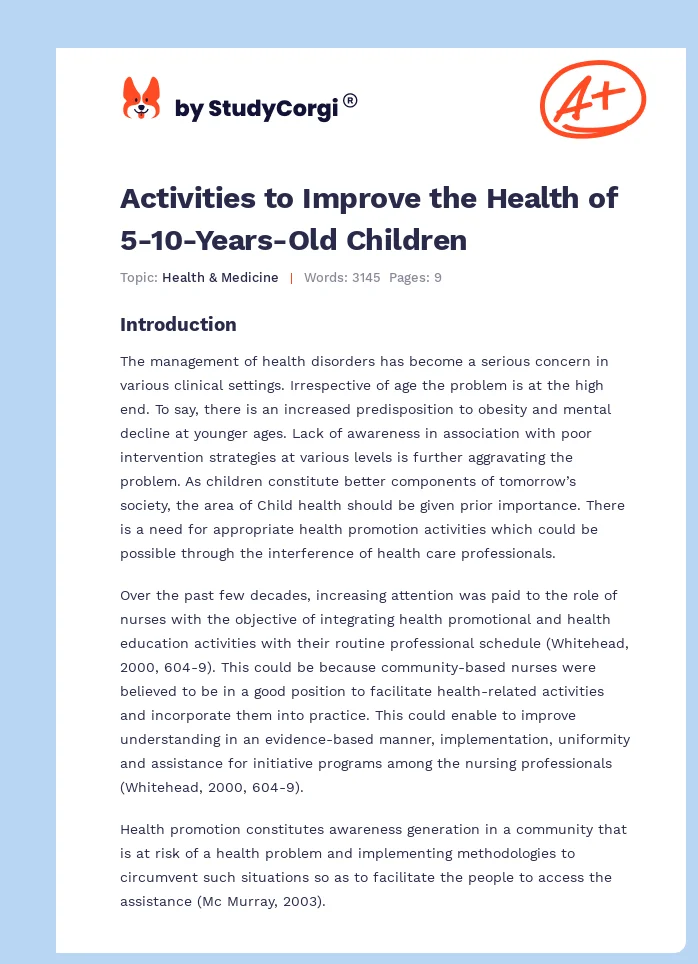 Activities to Improve the Health of 5-10-Years-Old Children. Page 1