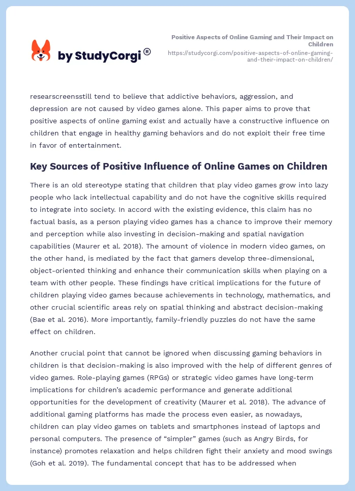 Positive Aspects of Online Gaming and Their Impact on Children. Page 2